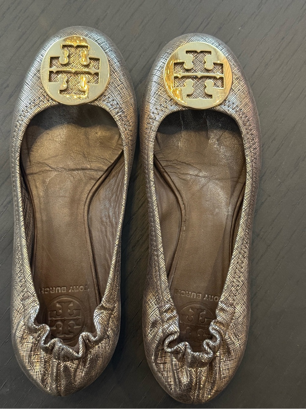 Authentic Tory Burch Metallic Bronze & Gold Logo Ballet Flat